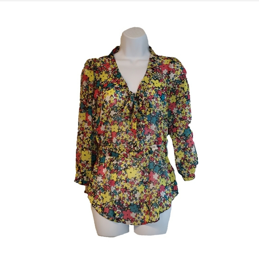 BCBGeneration Sheer Flowered Blouse Top with Bow